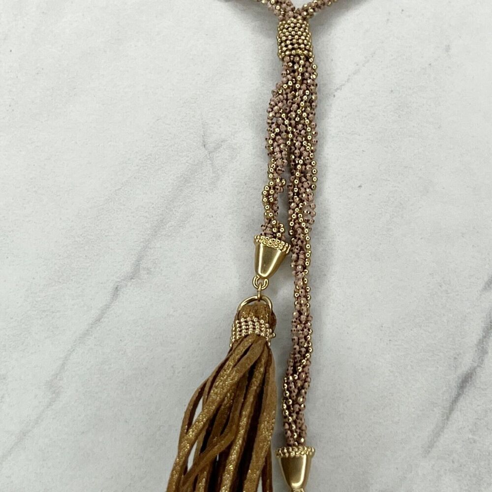 Chico's Beaded Braided Gold Linear Tassel Boho Y Necklace ✨ - Picture 2 of 9